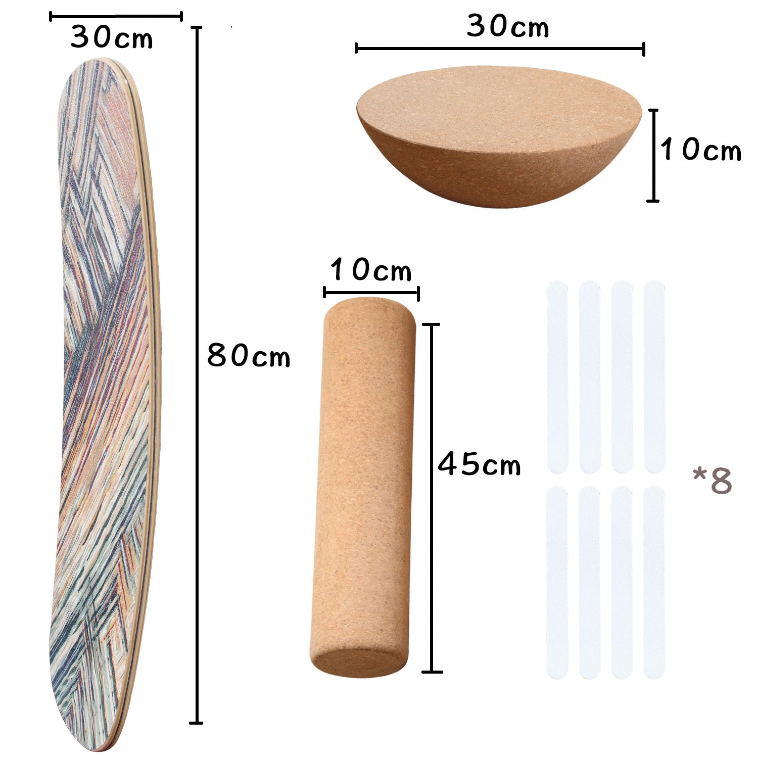 Balance Board aus Holz 80x30cm mit Korkrolle & Halbkuppel | Anti-Rutsch | Doppelseitig bunt | Fitnessgerät für Gleichgewichts- und Kerntraining