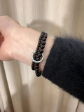 Natural Black Onyx Bracelet Chinese Peace Buckle Stacking Bracelet