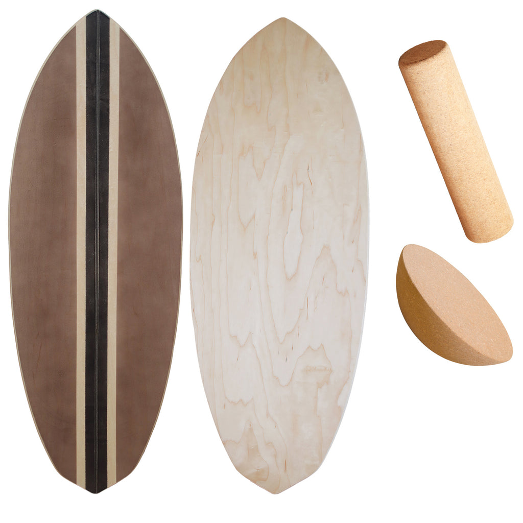 UCHAIUP Balance Board Set 3-in-1 Dunkelbraun mit Schwarzem Streifen | Ahornholz | Rolle, Halbkugel & Trainingsball | 15mm Balancebrett für Zuhause
