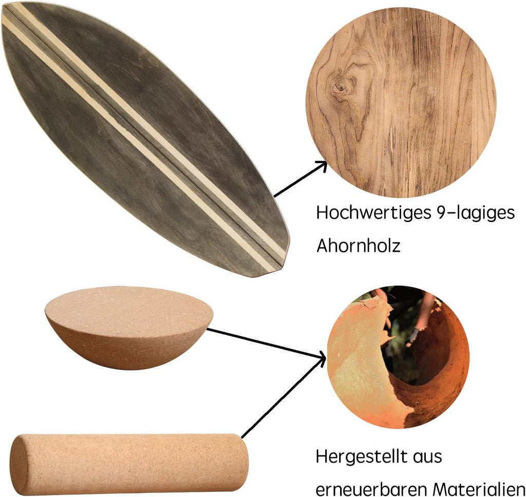 UCHAIUP Espresso Brown Wooden Balance Board Set 3-in-1 with Black Stripe | Maple Wood | Roller, Half Ball & Training Ball | 15mm Board