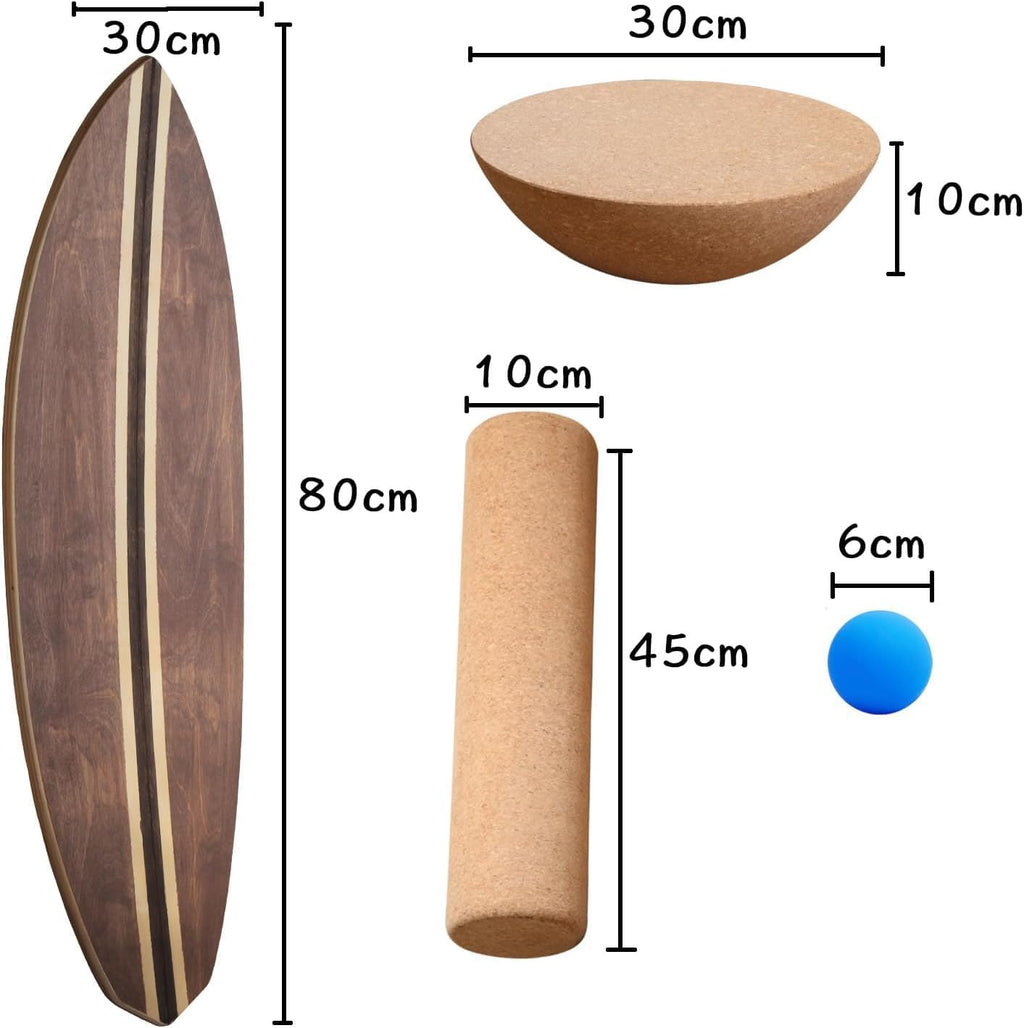 UCHAIUP Balance Board Set 3-in-1 Dunkelbraun mit Schwarzem Streifen | Ahornholz | Rolle, Halbkugel & Trainingsball | 15mm Balancebrett für Zuhause